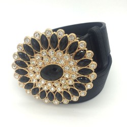 Correia de couro vintage de luxo com cristal & pérolas fivela redonda