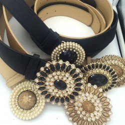 Correia de couro vintage de luxo com cristal & pérolas fivela redonda