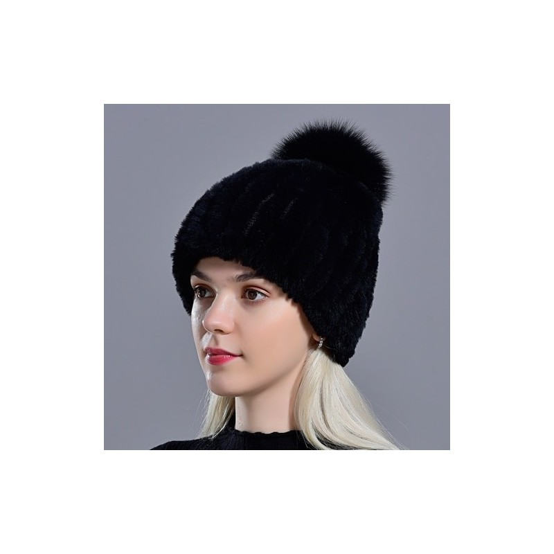Knitted rabbit fur hat with pompomHats & Caps