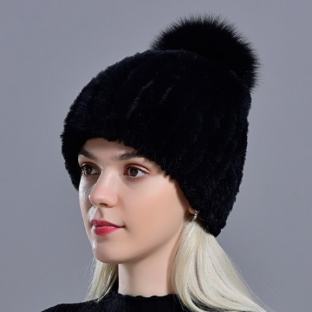 Chapéu de pele de coelho de malha com pompom
