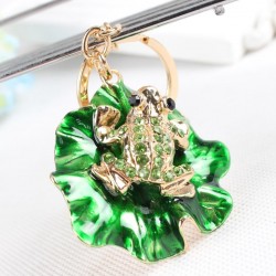 Frog & folha de lótus verde - chaveiro de cristal