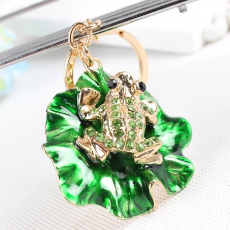 Frog & folha de lótus verde - chaveiro de cristal