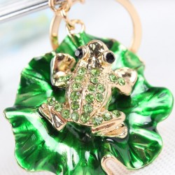 Frog & folha de lótus verde - chaveiro de cristal