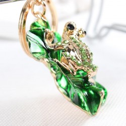 Frog & folha de lótus verde - chaveiro de cristal