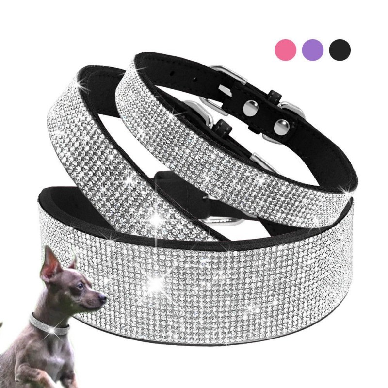 Colar de couro com strass para cães e gatos