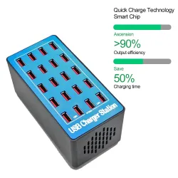Multi carregador USB - 20 portas - 20A / 100W - LED - Quick-Charge
