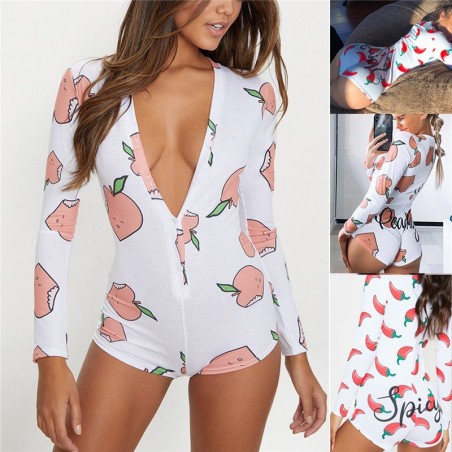 Sexy macacão profundo v-neck - manga longa impresso macacão com botões