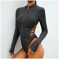 Fato de corpo sexy sem costas com decote e zíper