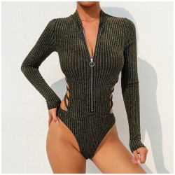 Fato de corpo sexy sem costas com decote e zíper
