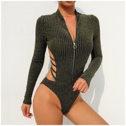 Fato de corpo sexy sem costas com decote e zíper