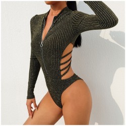 Fato de corpo sexy sem costas com decote e zíper