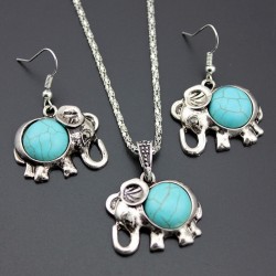 conjunto de jóias de cor de prata antigo - colares de contas azul pingente de elefante - charme de declaração de brincos gotas p