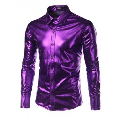 roxo revestido metalizado clube vestido camisa - homens manga longa botão para baixo homens vestido camisa brilhante chemise elá