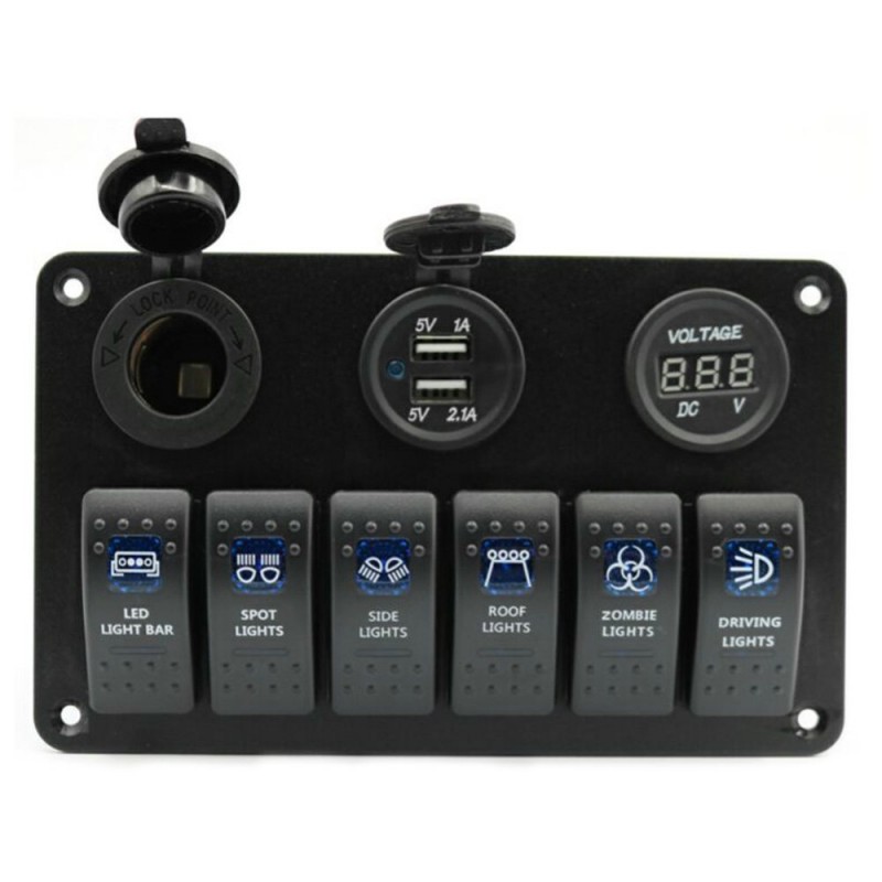 6 Gang 12V painel de interruptor - 5V Dual USB - voltímetro digital