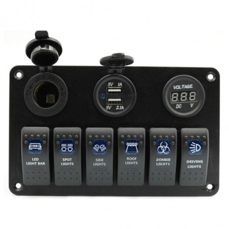 6 Gang 12V painel de interruptor - 5V Dual USB - voltímetro digital
