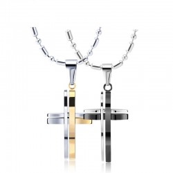 Preto na moda - prata - cruz dupla de ouro - colar de aço inoxidável - unisex