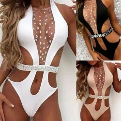 Fato de banho sexy de uma peça - com malha frontal & cristais - monokini