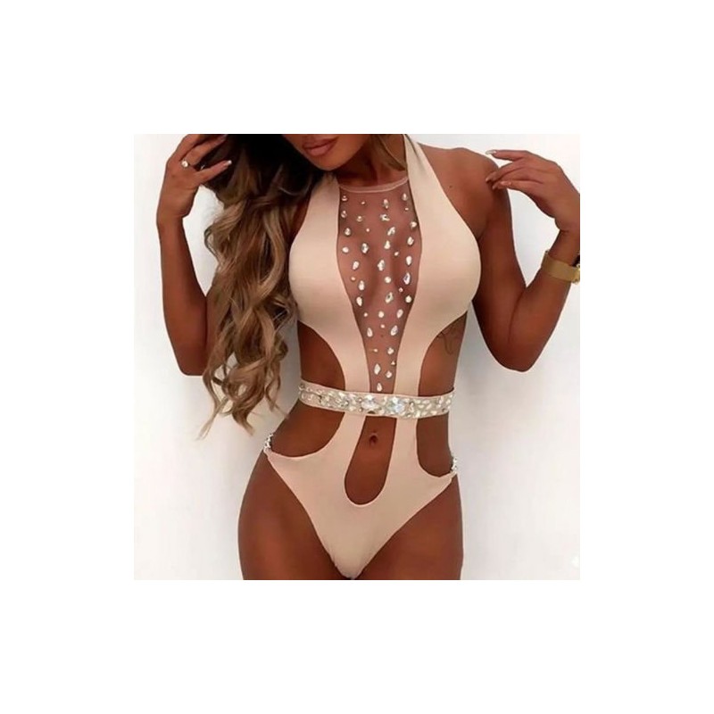 Fato de banho sexy de uma peça - com malha frontal & cristais - monokini