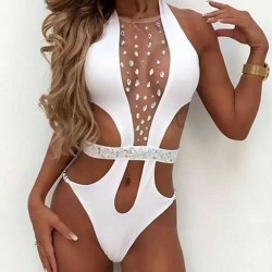Fato de banho sexy de uma peça - com malha frontal & cristais - monokini