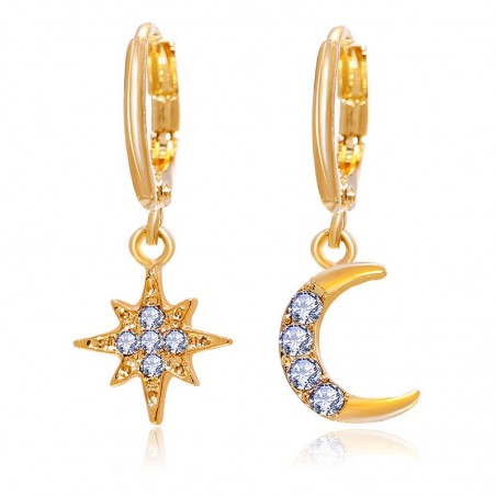 Estrela de cristal e lua - brincos de ouro