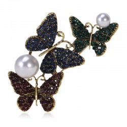 borboletas triplas e pérola - broche de cristal de luxo