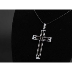 Duplo oco de aço inoxidável Cruz - colar de couro
