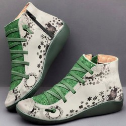 Botas retro tornozelo de renda - plana - zíper lateral - couro