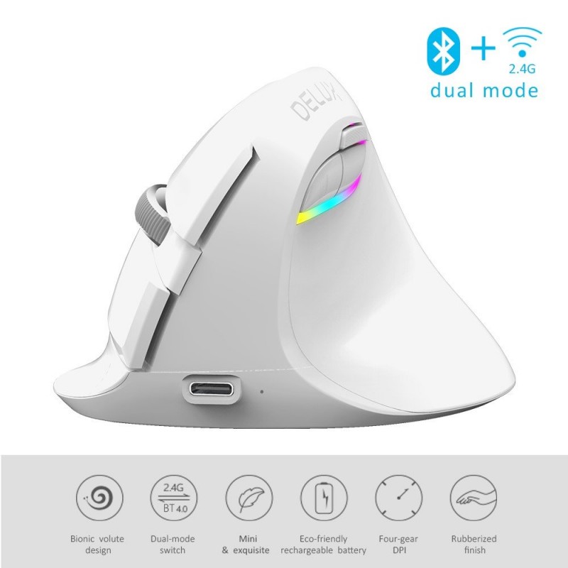 M618 - 2.4GHz - mini vertical wireless mouse - Bluetooth 4 - modo dual - recarregável - silencioso - branco