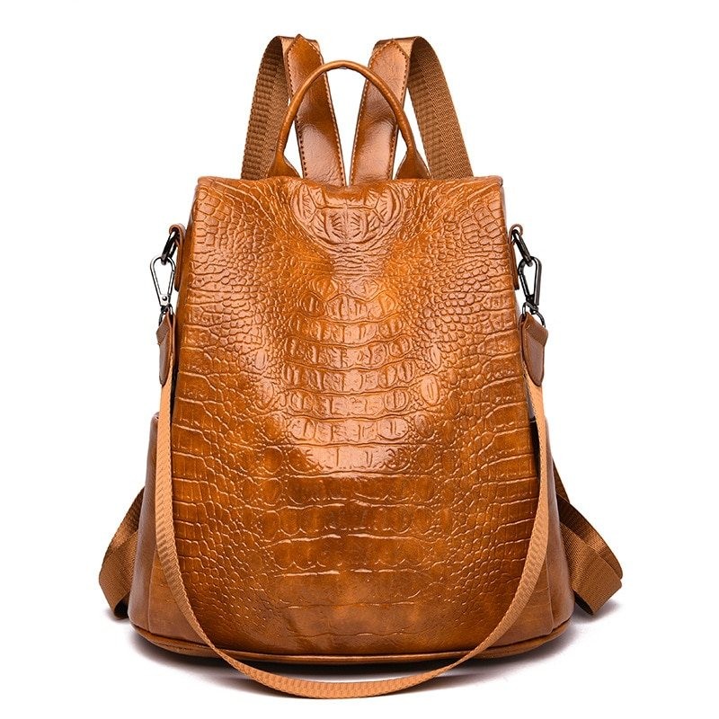 Saco de couro casual - design de pele de crocodilo - marrom / preto - mochila