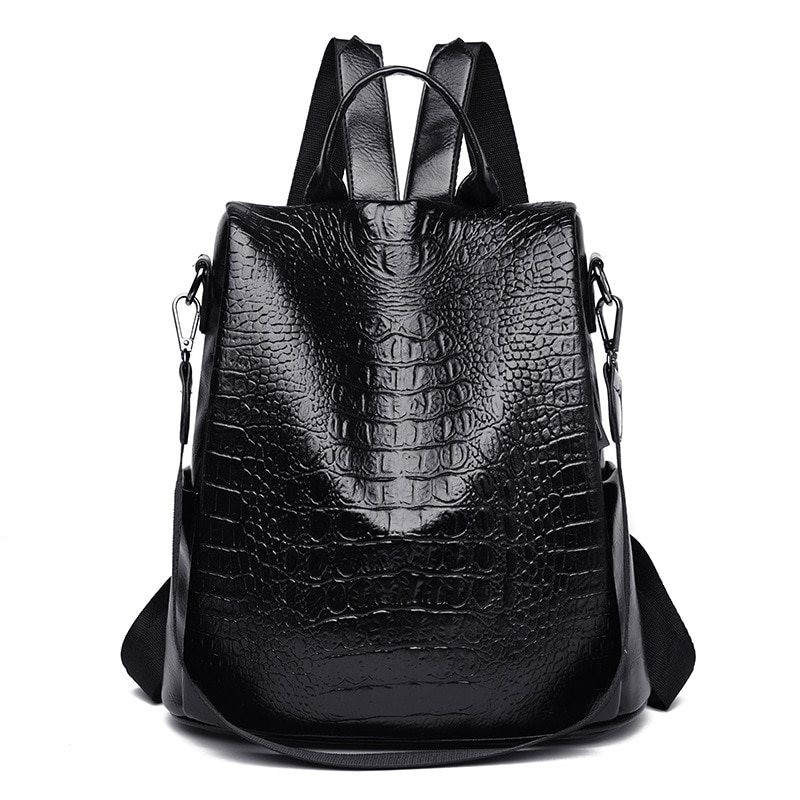 Saco de couro casual - design de pele de crocodilo - marrom / preto - mochila