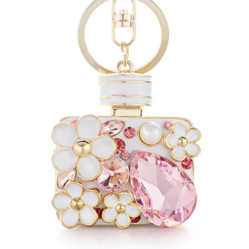 Frasco de perfume com cristais e flores - chaveiro