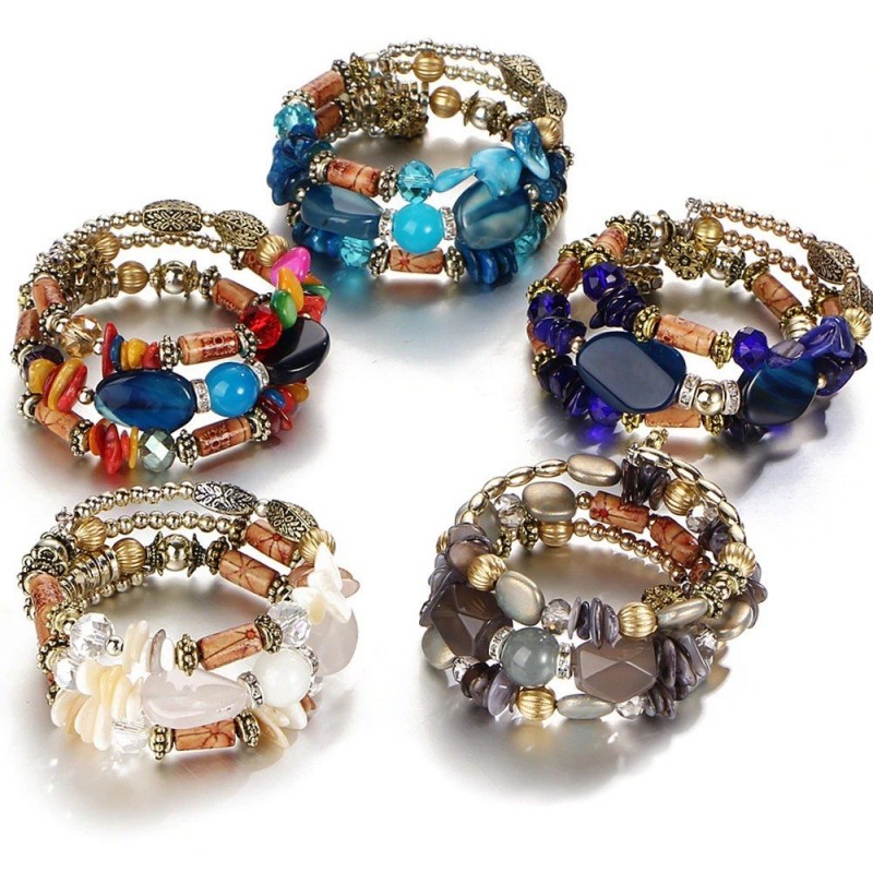 Pulseira multicamadas com pedras de resina - vintage - pulseira étnica
