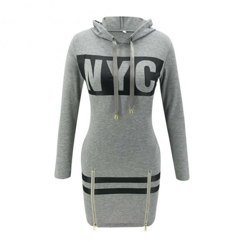Cartas de NYC impressas - vestido mini manga longa - capuz