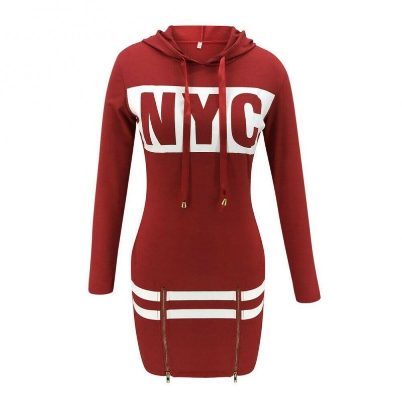 Cartas de NYC impressas - vestido mini manga longa - capuz