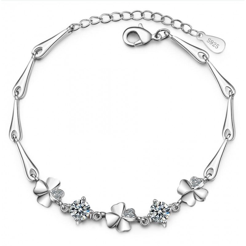 Pulseira elegante com quatro folhas de trevo & cristais - 925 prata esterlina