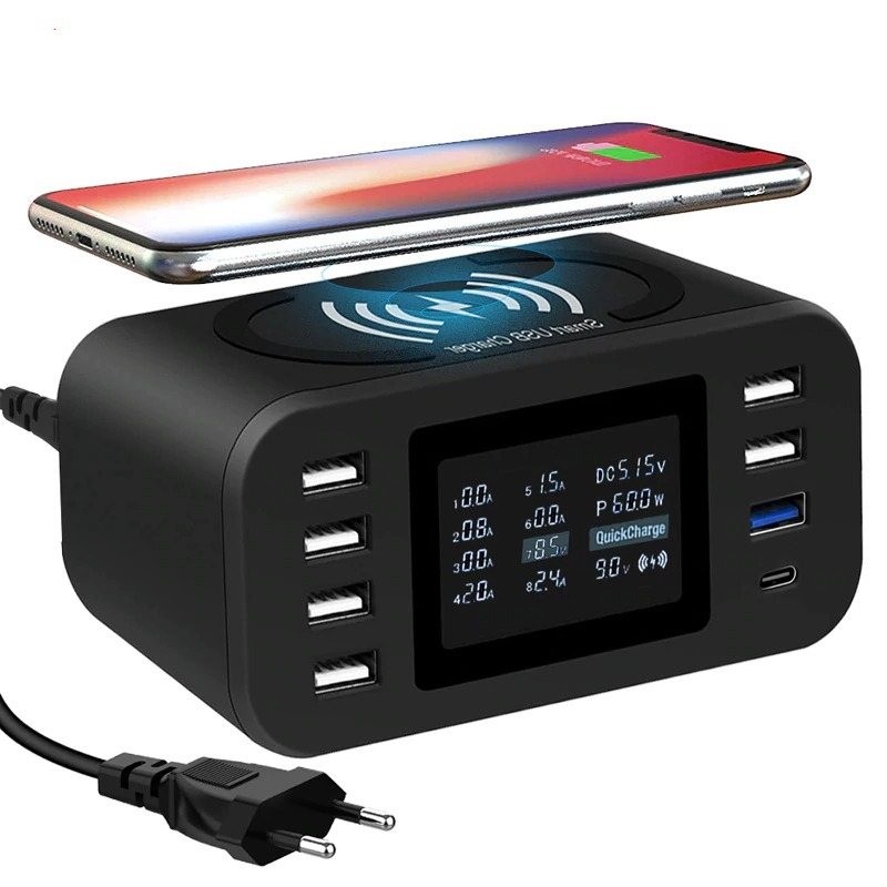 Carregador sem fio Qi - carga rápida 3.0 - 60W - 8-ports USB - estação de carregamento