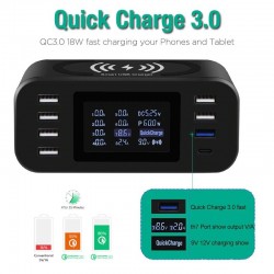 Carregador sem fio Qi - carga rápida 3.0 - 60W - 8-ports USB - estação de carregamento