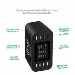 Carregador sem fio Qi - carga rápida 3.0 - 60W - 8-ports USB - estação de carregamento