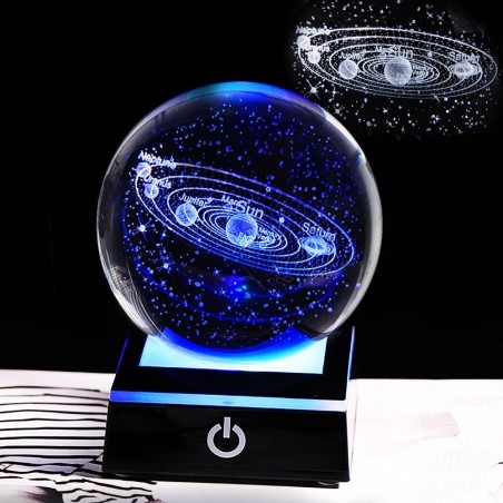 globo 3D com 8 planetas - bola de cristal com base - laser gravado - luz de noite LED - 8cm