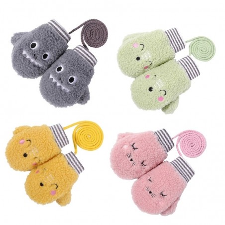 Crianças luvas de pelúcia quentes - um dedo - com corda - design de animais