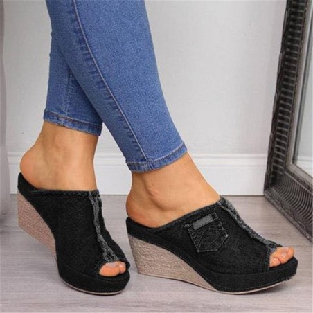 High Heels - Denim Slippers - Black - BlueHigh heels