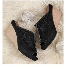 High Heels - Denim Slippers - Black - BlueHigh heels