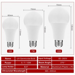 E27 - 5W - 7W - 10W - lâmpada ultravioleta - LED - lâmpada germicida - esterilizador - desinfecção - eliminator de mite