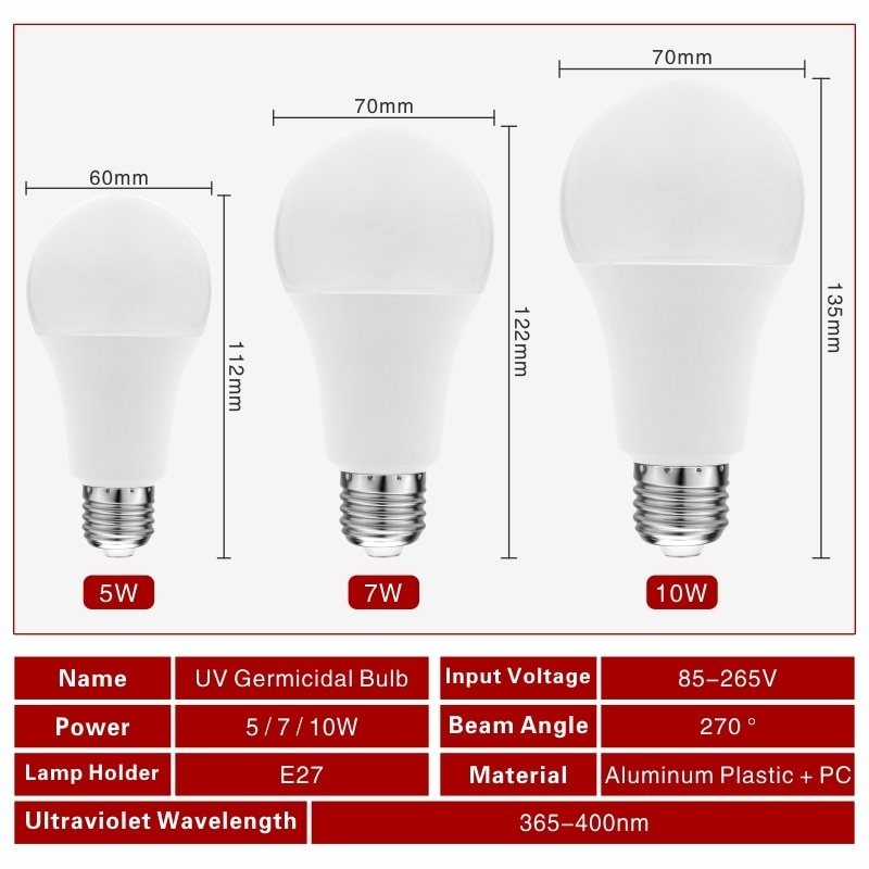 E27 - 5W - 7W - 10W - lâmpada ultravioleta - LED - lâmpada germicida - esterilizador - desinfecção - eliminator de mite