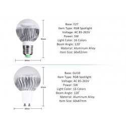 5W - RGB - E27 - GU10 - E14 - MR16 - Lâmpada LED - controlador remoto - dimmer