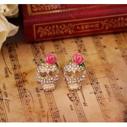 crânio de cristal com rosa - brincos pequenos
