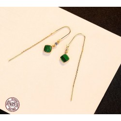 Brincos longos banhados a ouro - esmeralda quadrada - 925 prata esterlina