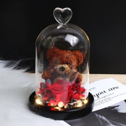 Rosa preservada eterna com ursinho de pelúcia em vidro - LED