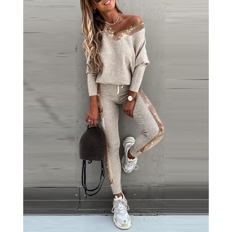 Fato de pista na moda com lantejoulas - conjunto com manga comprida superior & calças