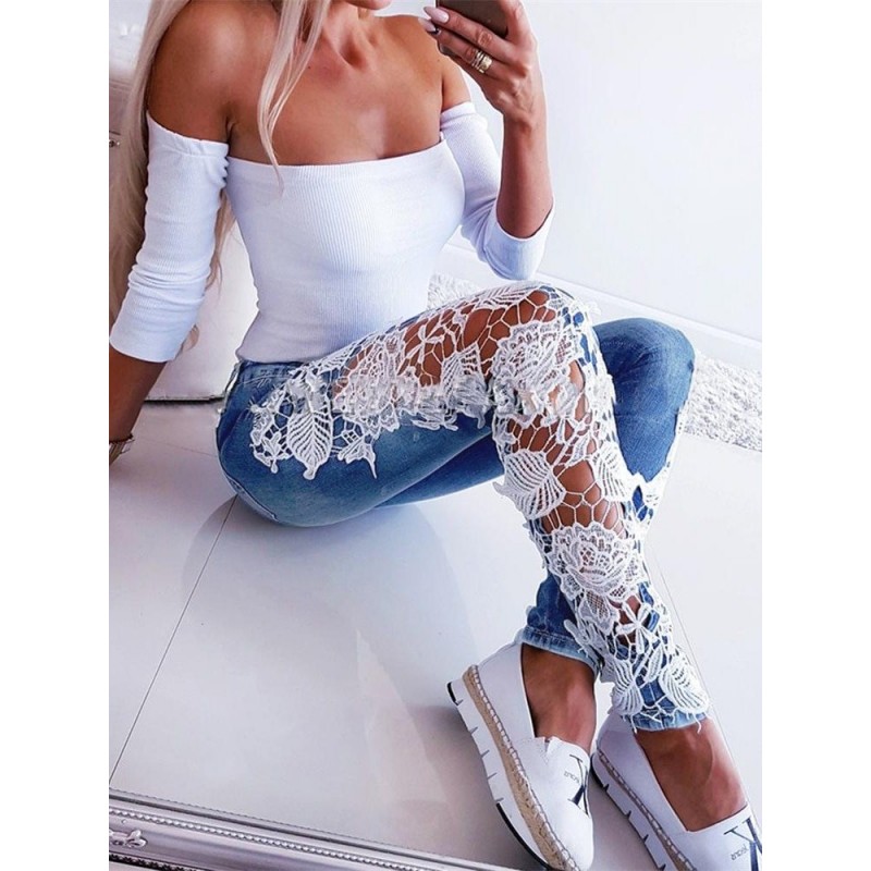 jeans skinny sexy - calças de corte com renda floral